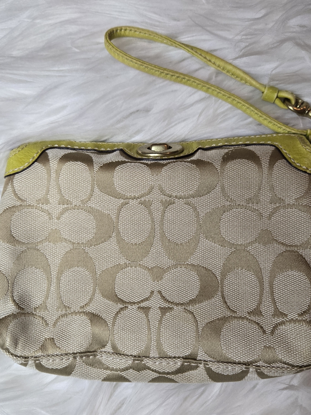 Coach Beige Signature Canvas Wristlet with Lime Trim